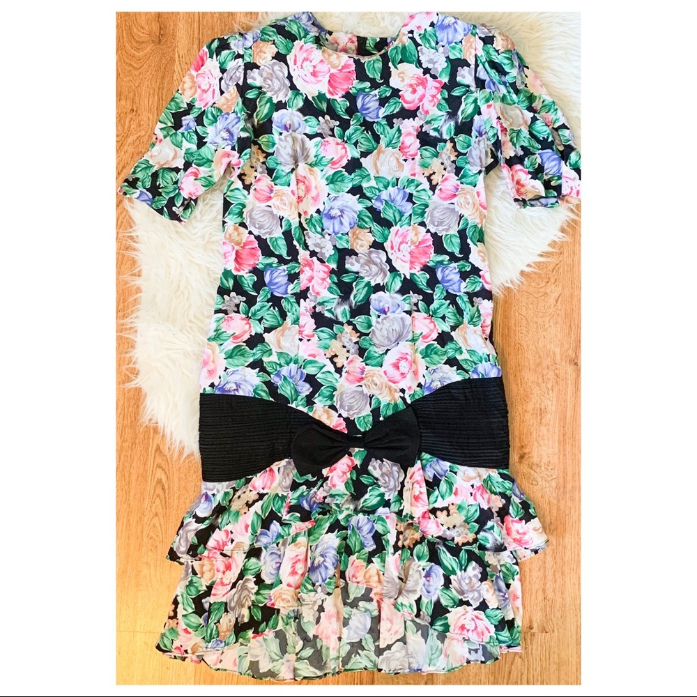 80s Vintage Floral Mermaid Ruffle Dress L